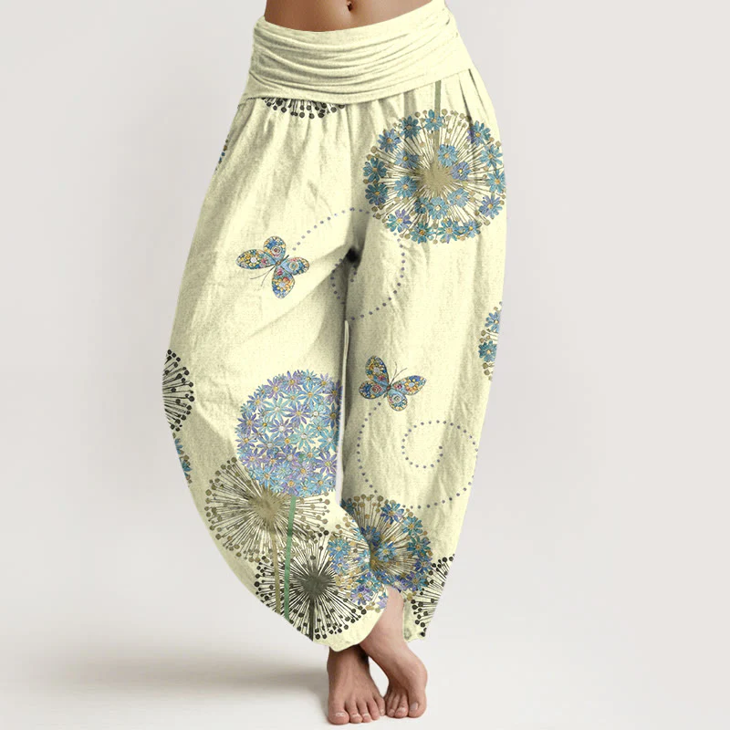 Buddha Stones Pantaloni harem da donna in cotone con elastico in vita e motivo a farfalla e tarassaco da sogno - Image 6