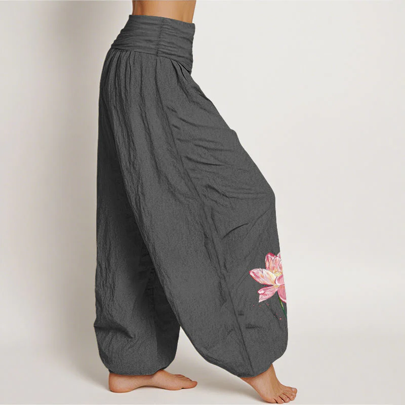 Buddha Stones Pantaloni harem da donna in cotone con elastico in vita e motivo a fiori di loto e sole - Image 10