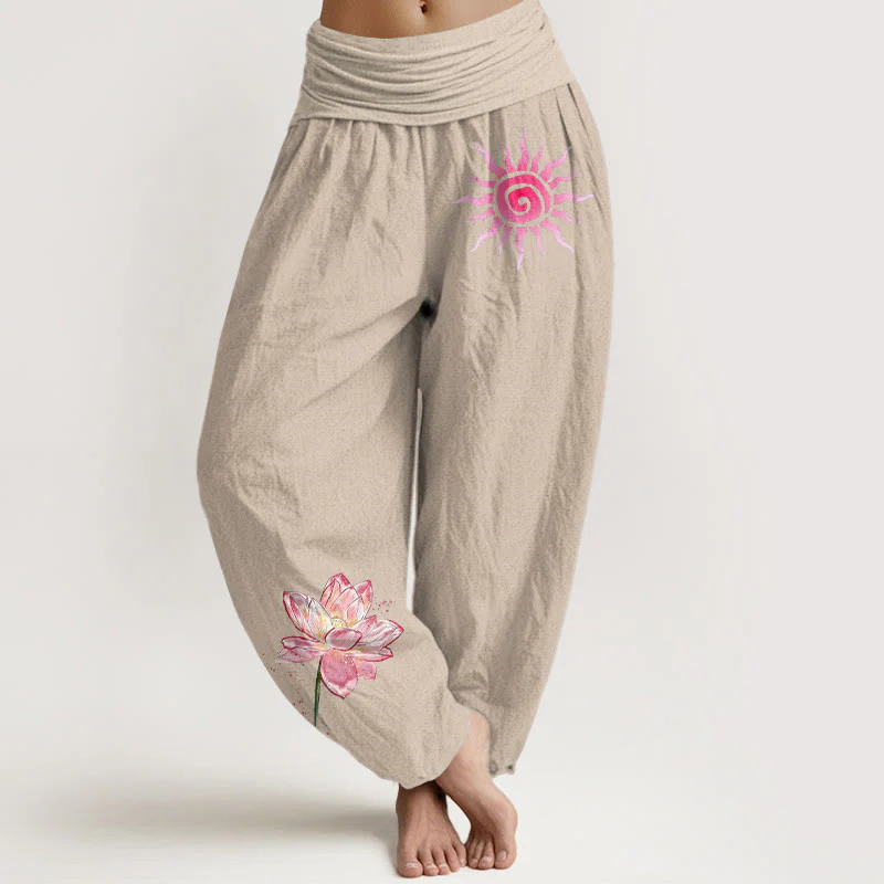 Buddha Stones Pantaloni harem da donna in cotone con elastico in vita e motivo a fiori di loto e sole - Image 12
