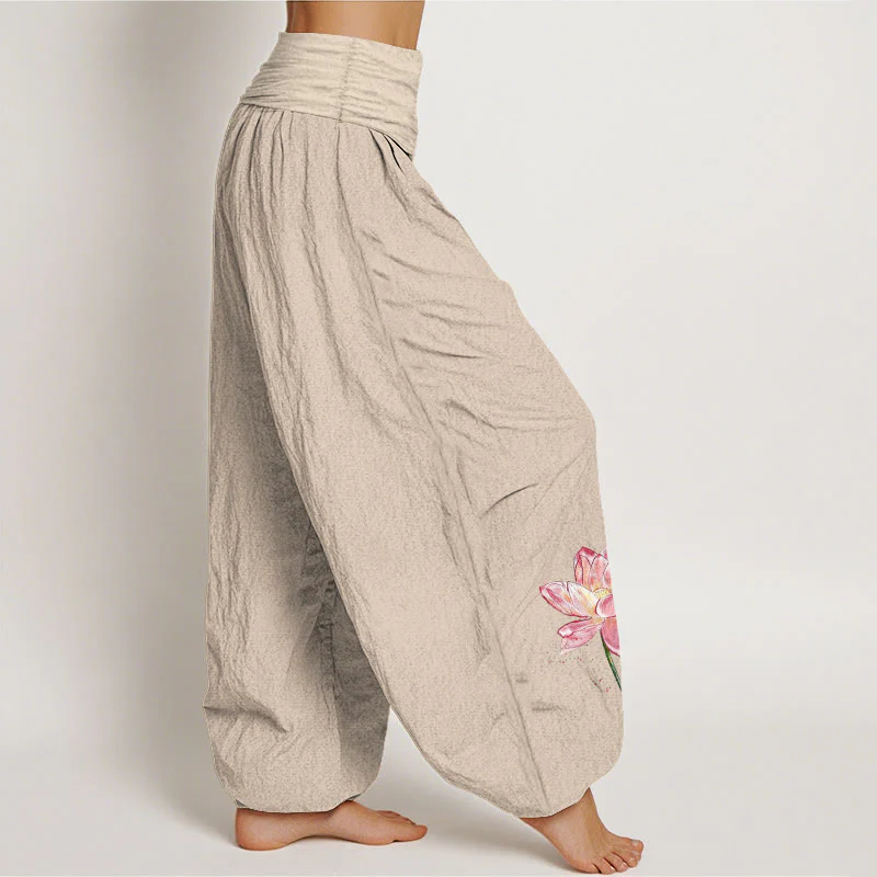 Buddha Stones Pantaloni harem da donna in cotone con elastico in vita e motivo a fiori di loto e sole - Image 13