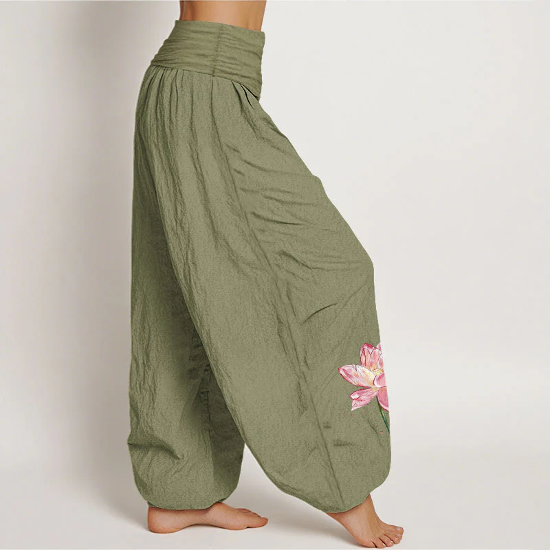 Buddha Stones Pantaloni harem da donna in cotone con elastico in vita e motivo a fiori di loto e sole - Image 16