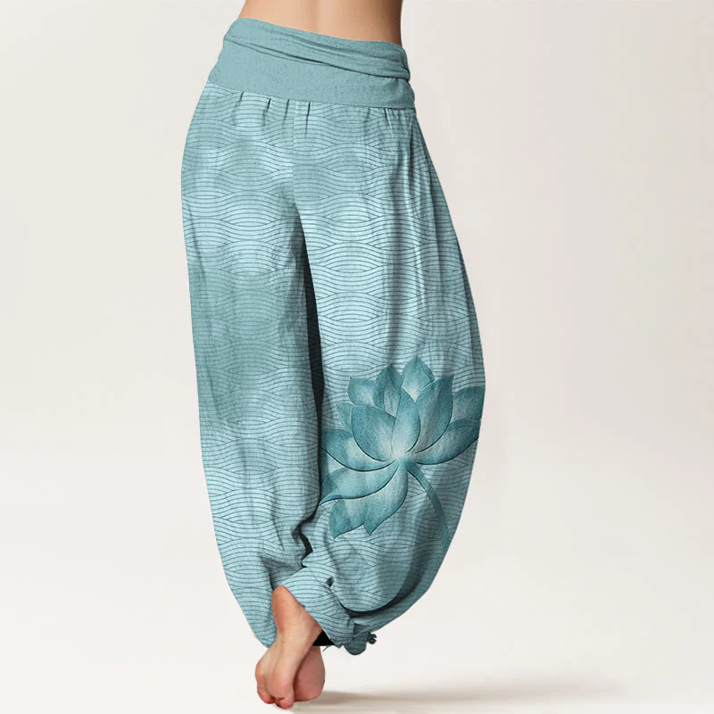 Buddha Stones Pantaloni harem da donna in cotone con elastico in vita e motivo a linee ondulate di loto di colore chiaro - Image 2