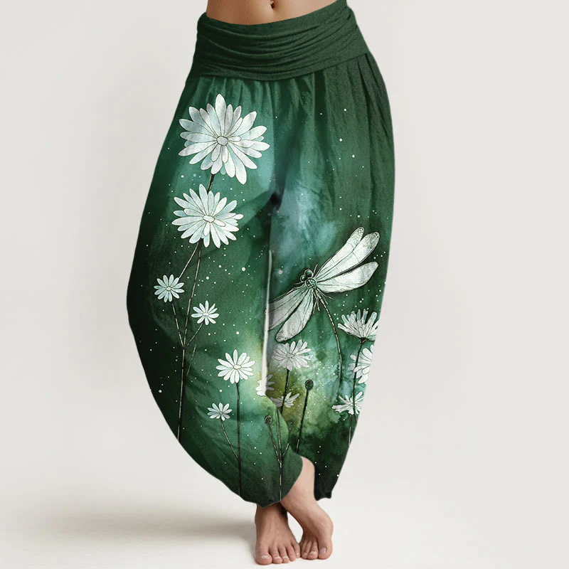 Buddha Stones Pantaloni harem da donna in cotone con elastico in vita e motivo a margherita e libellula - Image 9