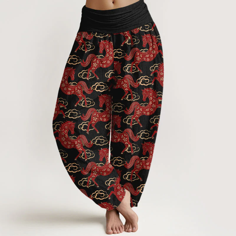 Buddha Stones Pantaloni harem da donna in cotone con elastico in vita e motivo a nuvole e cavalli