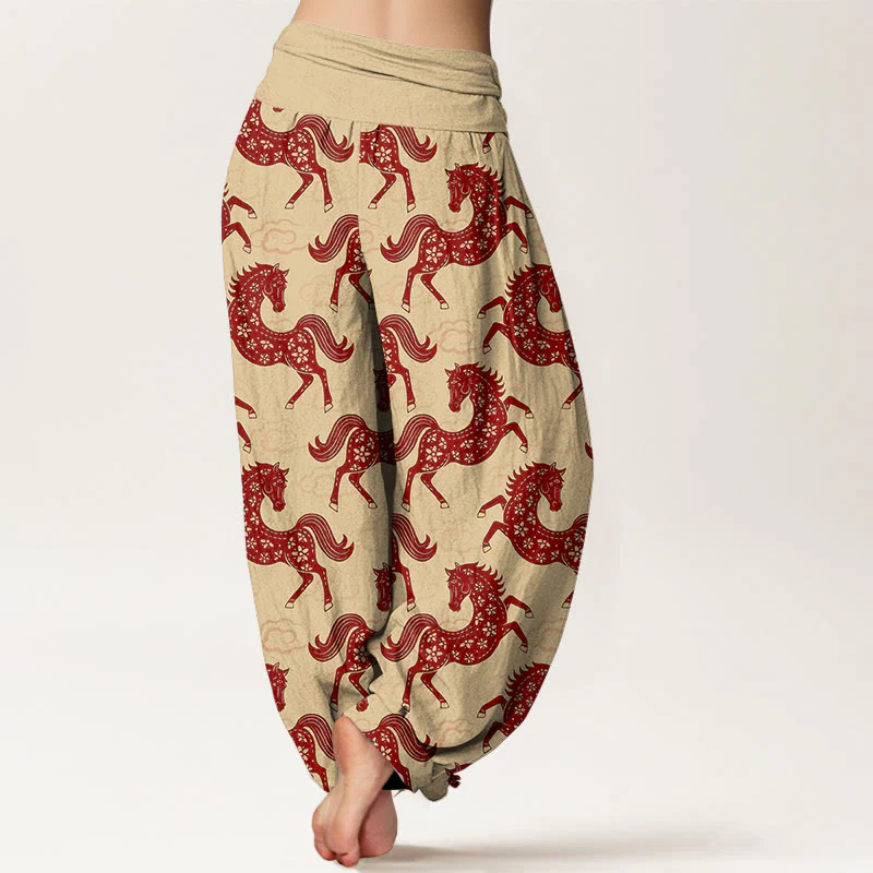 Buddha Stones Pantaloni harem da donna in cotone con elastico in vita e motivo a nuvole e cavalli - Image 10