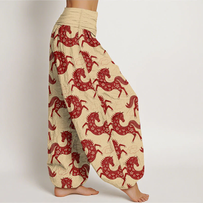 Buddha Stones Pantaloni harem da donna in cotone con elastico in vita e motivo a nuvole e cavalli - Image 11