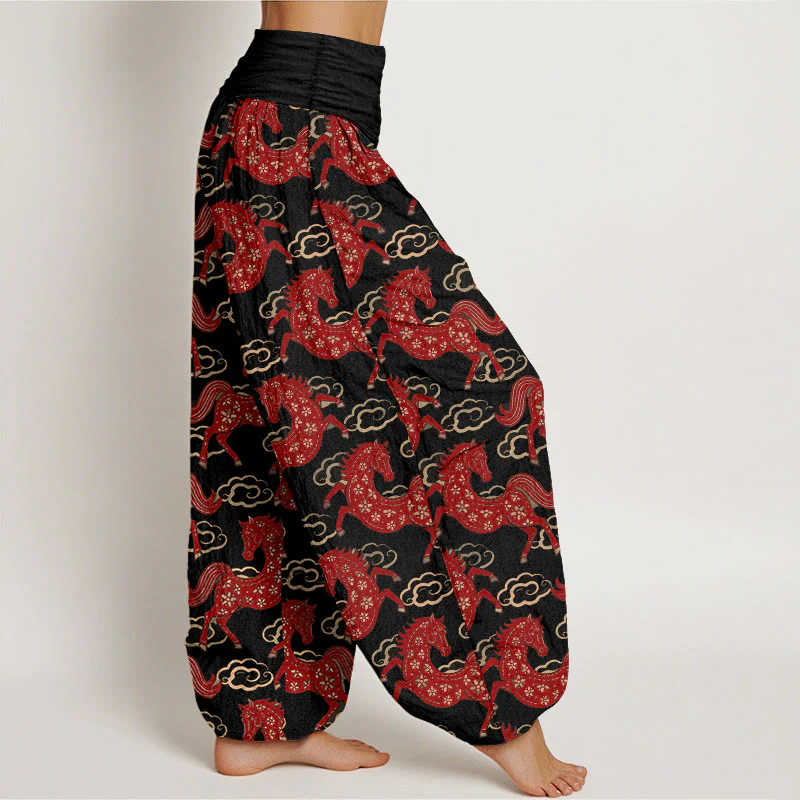 Buddha Stones Pantaloni harem da donna in cotone con elastico in vita e motivo a nuvole e cavalli - Image 3
