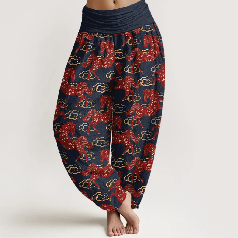 Buddha Stones Pantaloni harem da donna in cotone con elastico in vita e motivo a nuvole e cavalli - Image 6