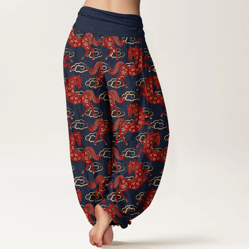 Buddha Stones Pantaloni harem da donna in cotone con elastico in vita e motivo a nuvole e cavalli - Image 7