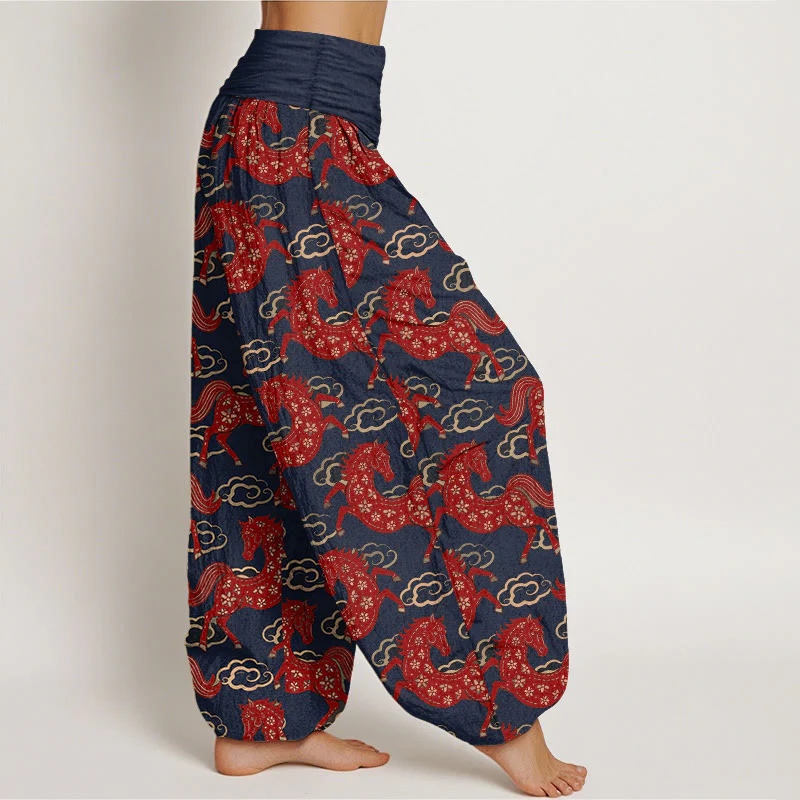 Buddha Stones Pantaloni harem da donna in cotone con elastico in vita e motivo a nuvole e cavalli - Image 8