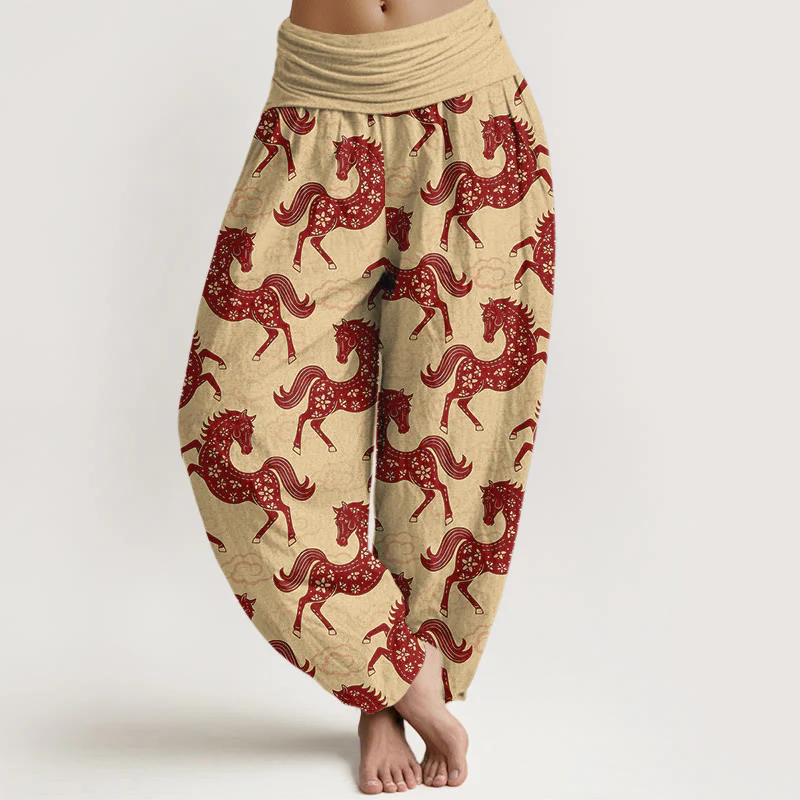Buddha Stones Pantaloni harem da donna in cotone con elastico in vita e motivo a nuvole e cavalli - Image 9