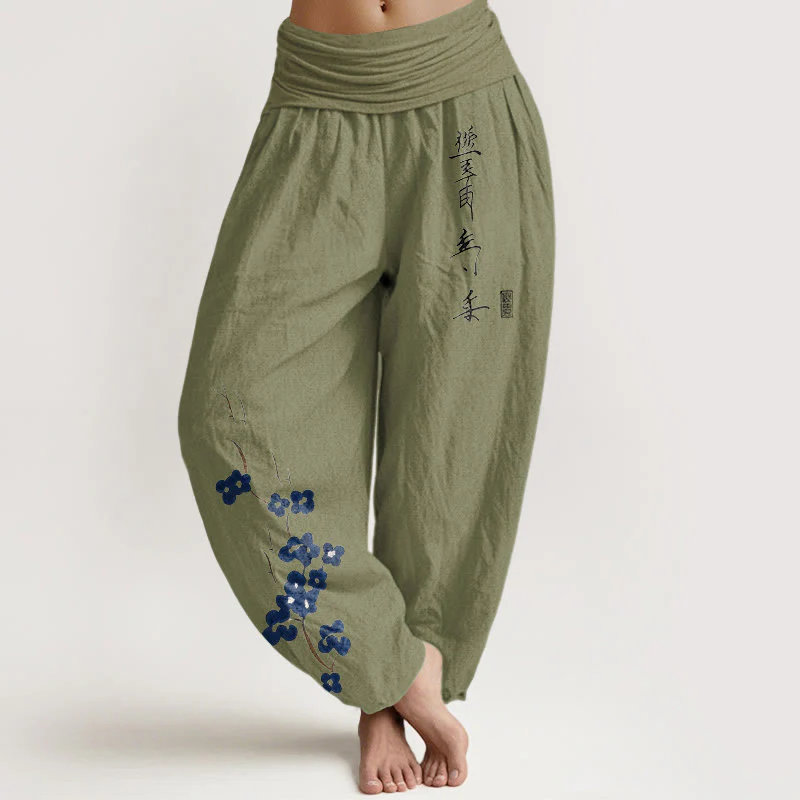 Buddha Stones Pantaloni harem da donna in cotone con elastico in vita e motivo calligrafico sul seno, colore prugna. - Image 15