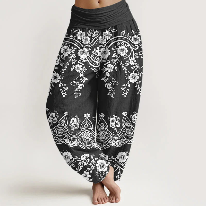 Buddha Stones Pantaloni harem da donna in cotone con elastico in vita e motivo tradizionale a foglie di vite e fiori