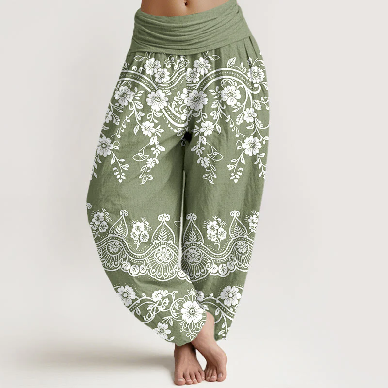Buddha Stones Pantaloni harem da donna in cotone con elastico in vita e motivo tradizionale a foglie di vite e fiori - Image 6