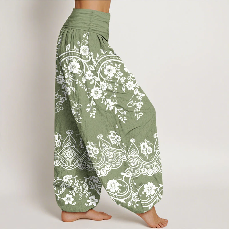 Buddha Stones Pantaloni harem da donna in cotone con elastico in vita e motivo tradizionale a foglie di vite e fiori - Image 8