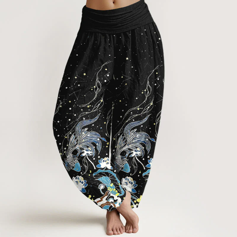Buddha Stones Pantaloni harem da donna in cotone con elastico in vita, motivo cielo stellato, carpe koi e onde di loto.