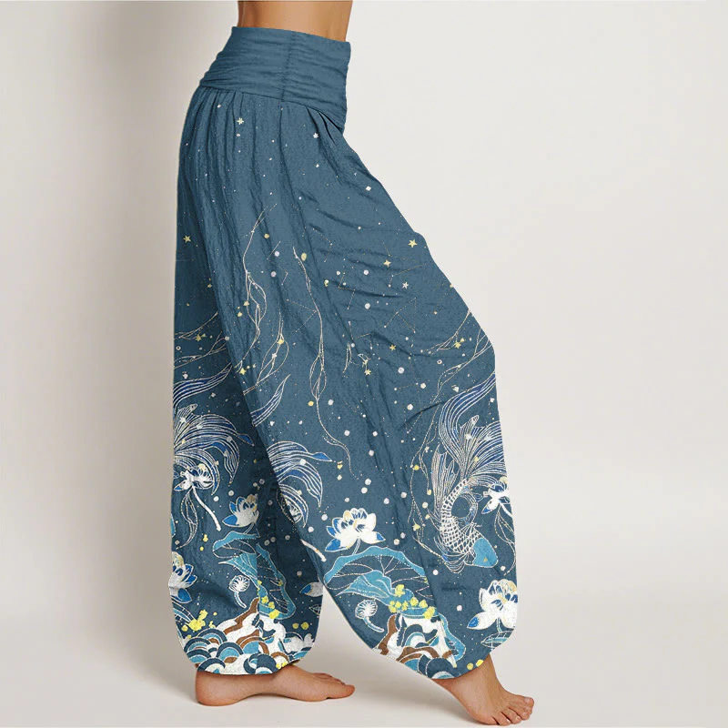 Buddha Stones Pantaloni harem da donna in cotone con elastico in vita, motivo cielo stellato, carpe koi e onde di loto. - Image 10