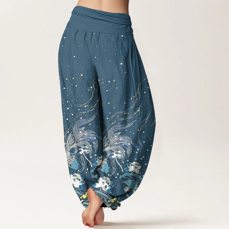 Buddha Stones Pantaloni harem da donna in cotone con elastico in vita, motivo cielo stellato, carpe koi e onde di loto. - Image 11