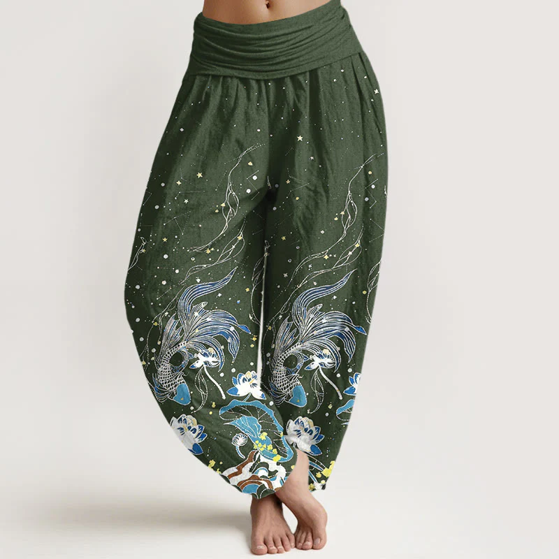 Buddha Stones Pantaloni harem da donna in cotone con elastico in vita, motivo cielo stellato, carpe koi e onde di loto. - Image 6