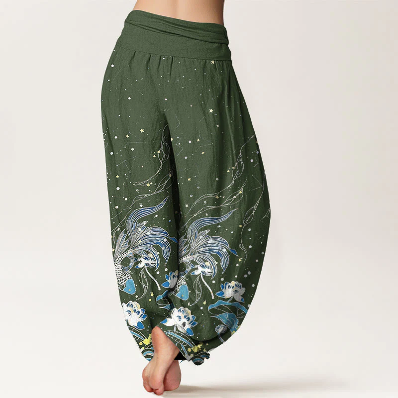 Buddha Stones Pantaloni harem da donna in cotone con elastico in vita, motivo cielo stellato, carpe koi e onde di loto. - Image 8