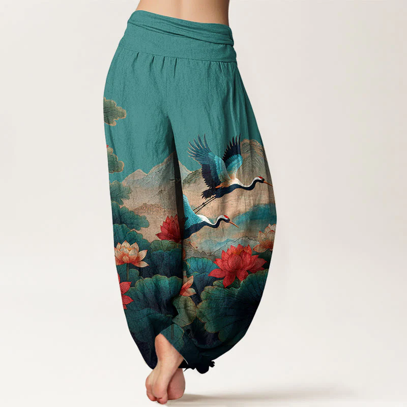 Buddha Stones Pantaloni harem da donna in cotone con elastico in vita, motivo classico con fiori di loto, foglie, gru e montagne - Image 7
