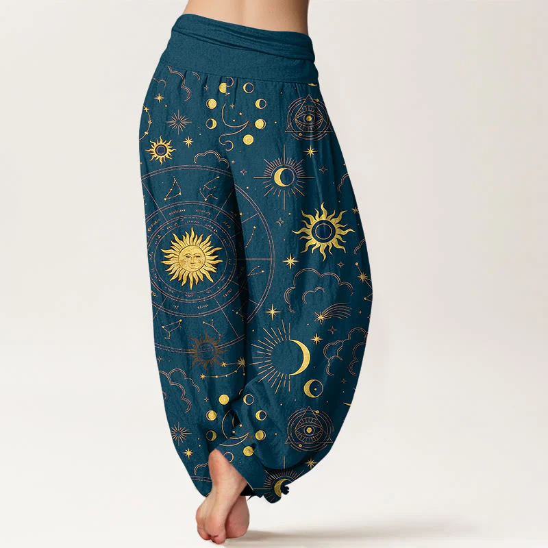 Buddha Stones Pantaloni harem da donna in cotone con elastico in vita, motivo sole, luna, stelle, costellazioni e nuvole - Image 10