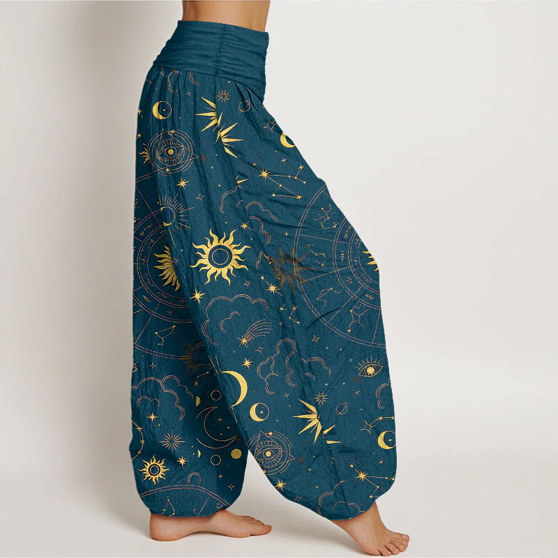 Buddha Stones Pantaloni harem da donna in cotone con elastico in vita, motivo sole, luna, stelle, costellazioni e nuvole - Image 11