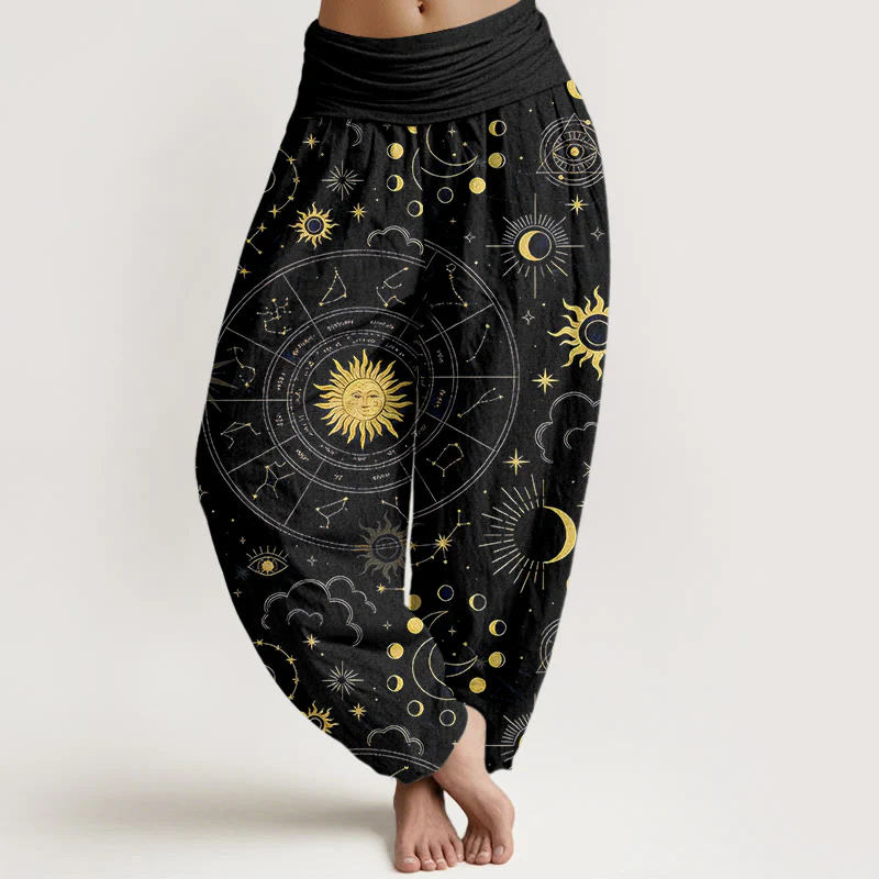 Buddha Stones Pantaloni harem da donna in cotone con elastico in vita, motivo sole, luna, stelle, costellazioni e nuvole - Image 6