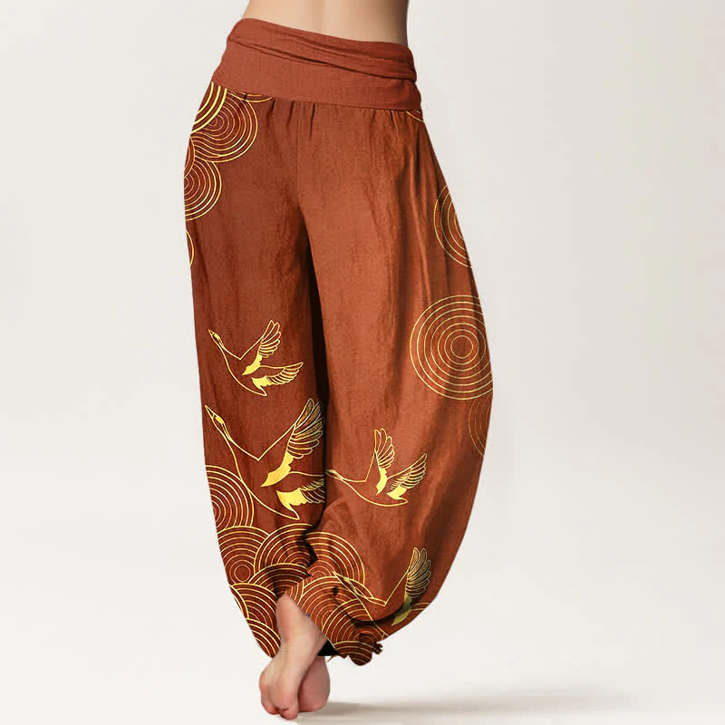 Buddha Stones Pantaloni harem da donna in cotone con motivo a cerchi dorati e uccelli, con elastico in vita. - Image 10