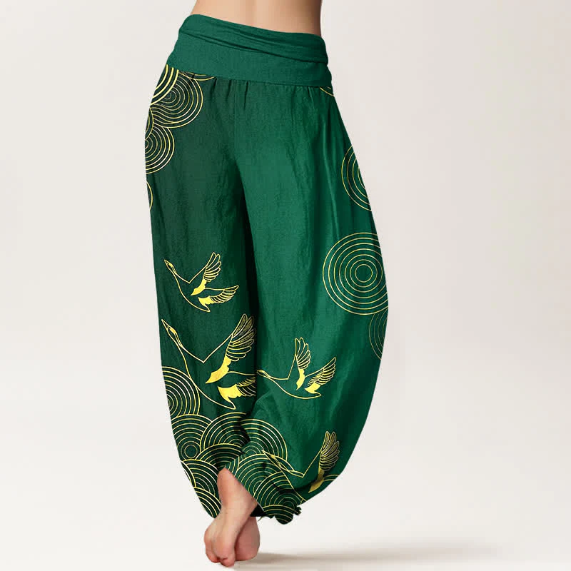Buddha Stones Pantaloni harem da donna in cotone con motivo a cerchi dorati e uccelli, con elastico in vita. - Image 7