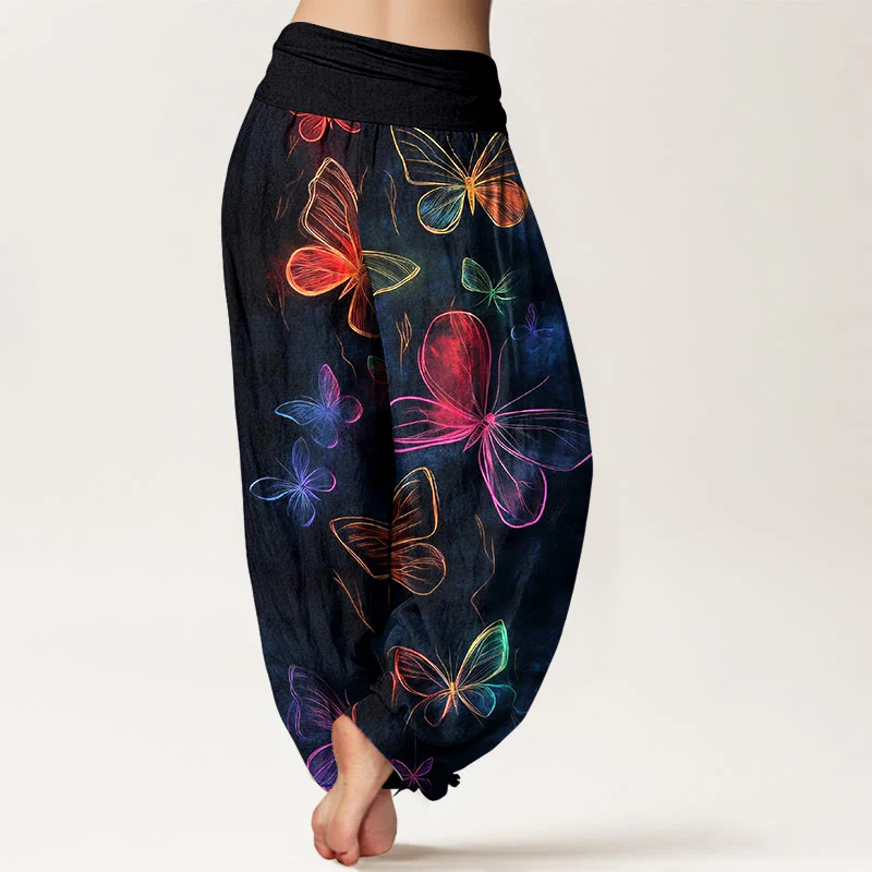 Buddha Stones Pantaloni harem da donna in cotone con motivo a farfalla da sogno e vita elastica - Image 2