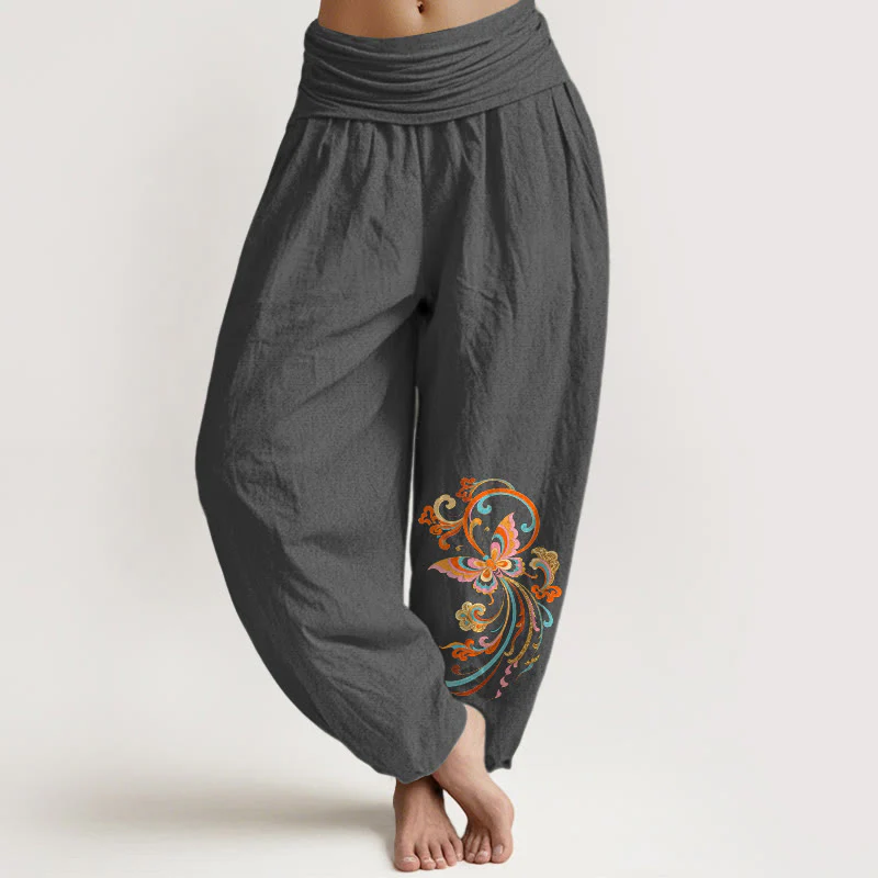 Buddha Stones Pantaloni harem da donna in cotone, con motivo a farfalle e nuvole di buon auspicio, con elastico in vita. - Image 9