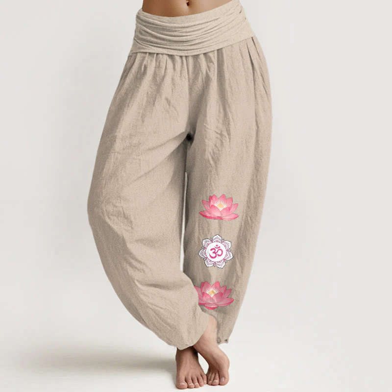 Buddha Stones Pantaloni harem da donna in cotone con motivo a fiore di loto Om e vita elasticizzata - Image 12