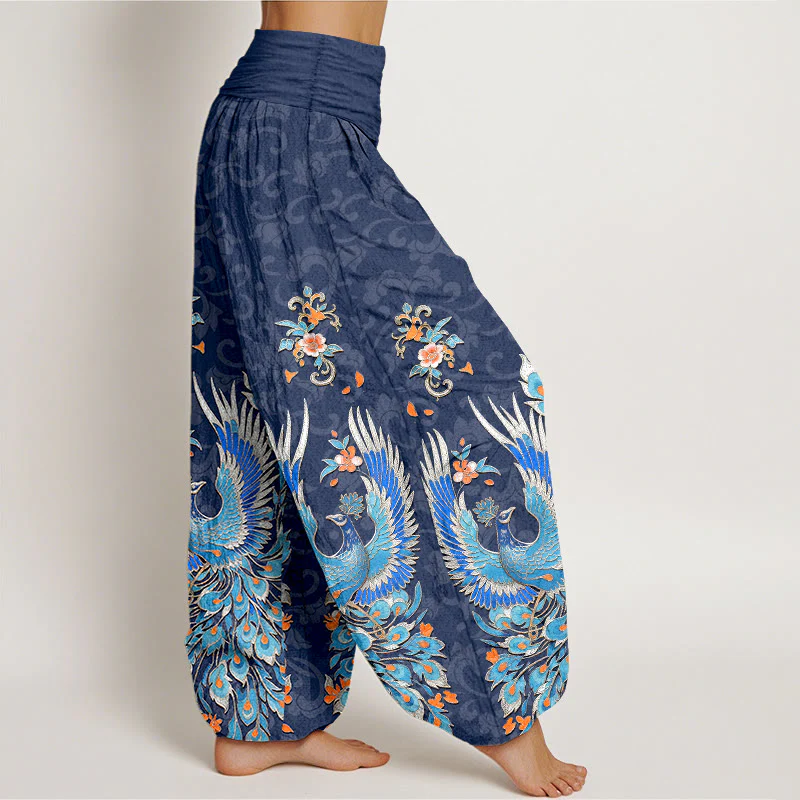 Buddha Stones Pantaloni harem da donna in cotone con motivo a fiori di pesco e fenice, con elastico in vita. - Image 3