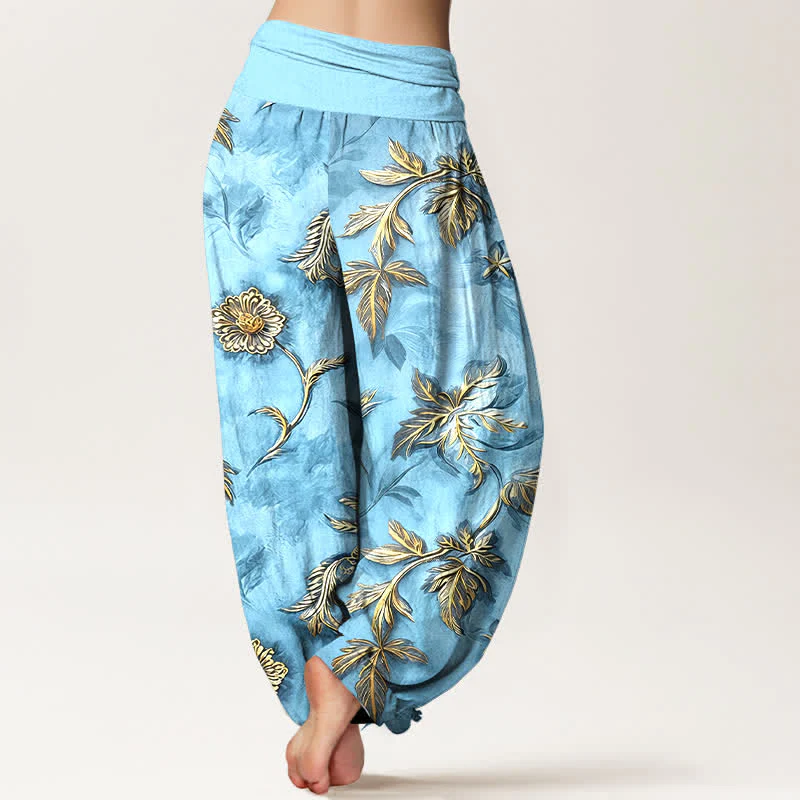 Buddha Stones Pantaloni harem da donna in cotone con motivo a foglie botaniche e vita elasticizzata - Image 10