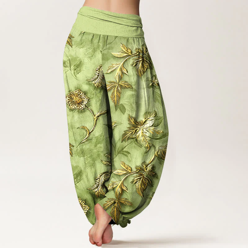 Buddha Stones Pantaloni harem da donna in cotone con motivo a foglie botaniche e vita elasticizzata - Image 2