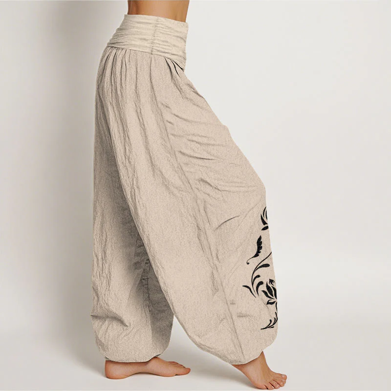 Buddha Stones Pantaloni harem da donna in cotone con motivo a petali di loto e elastico in vita. - Image 13