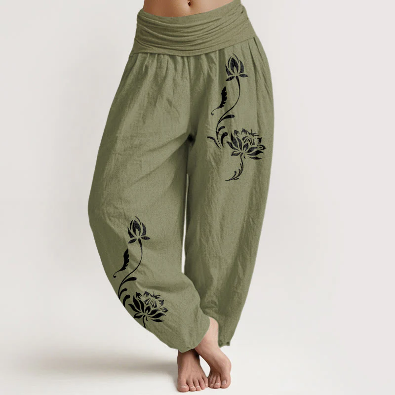 Buddha Stones Pantaloni harem da donna in cotone con motivo a petali di loto e elastico in vita. - Image 15