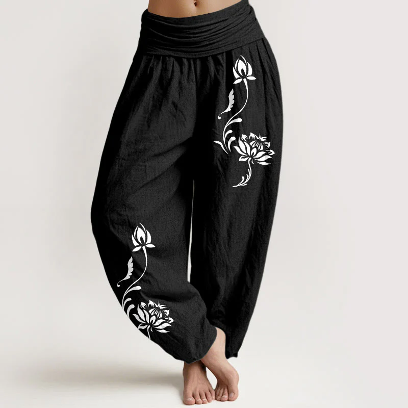 Buddha Stones Pantaloni harem da donna in cotone con motivo a petali di loto e elastico in vita. - Image 6