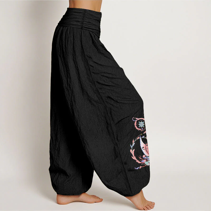Buddha Stones Pantaloni harem da donna in cotone con motivo drago volante e fenice, con elastico in vita. - Image 2
