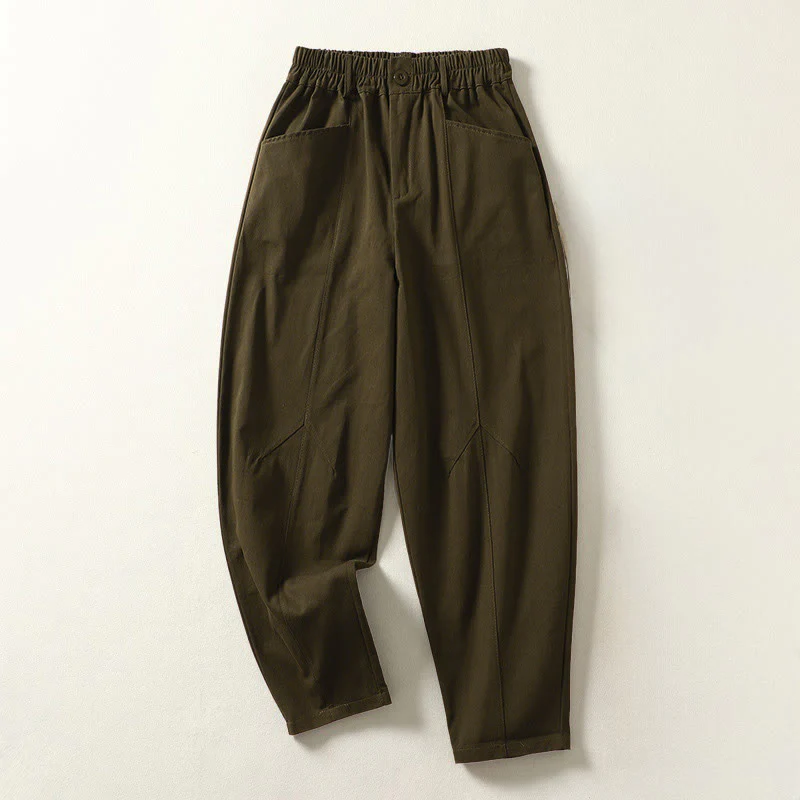 Buddha Stones Pantaloni harem da donna in cotone con tasche, lunghezza alla caviglia, con bottoni e cerniera, stile semplice autunnale - Image 7