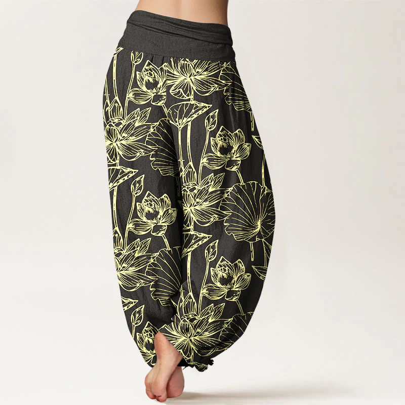 Buddha Stones Pantaloni harem da donna in cotone, eleganti e raffinati, con motivo a foglie di loto e vita elastica - Image 10