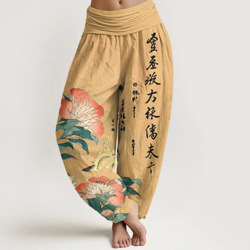 Buddha Stones Pantaloni harem da donna in puro cotone con calligrafia di uccelli e peonie - Image 6