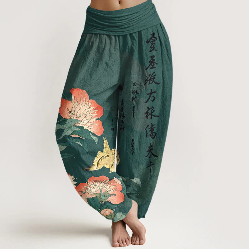 Buddha Stones Pantaloni harem da donna in puro cotone con calligrafia di uccelli e peonie - Image 9