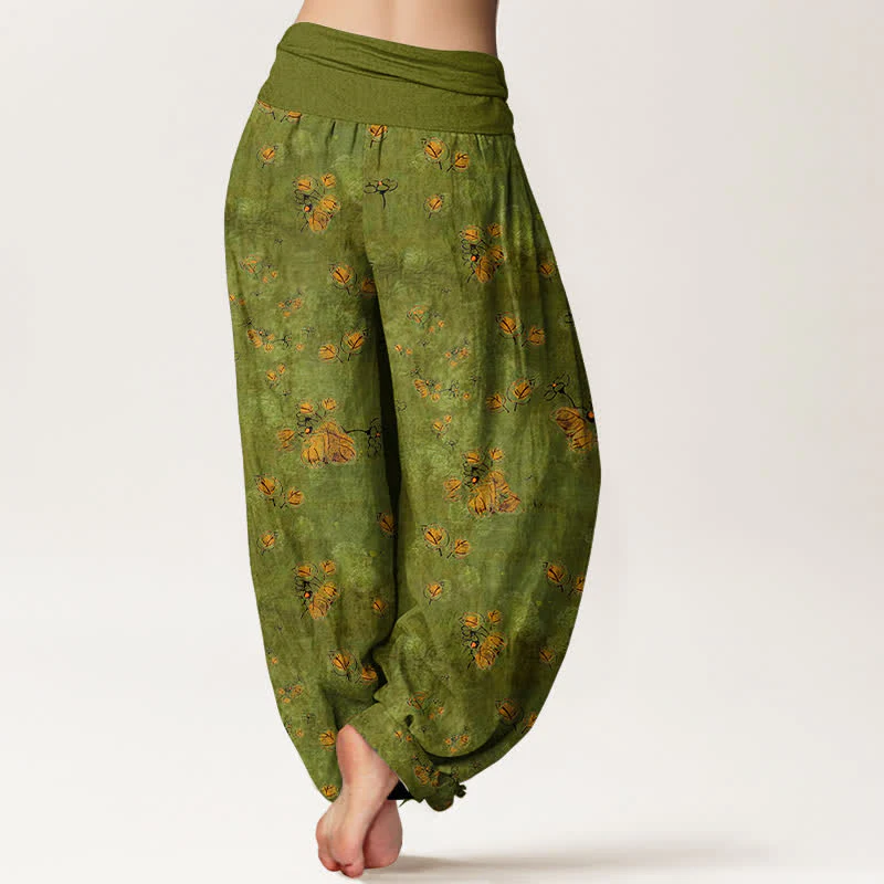 Buddha Stones Pantaloni harem da donna in puro cotone con elastico in vita e fantasia floreale a fiori di calendula. - Image 2