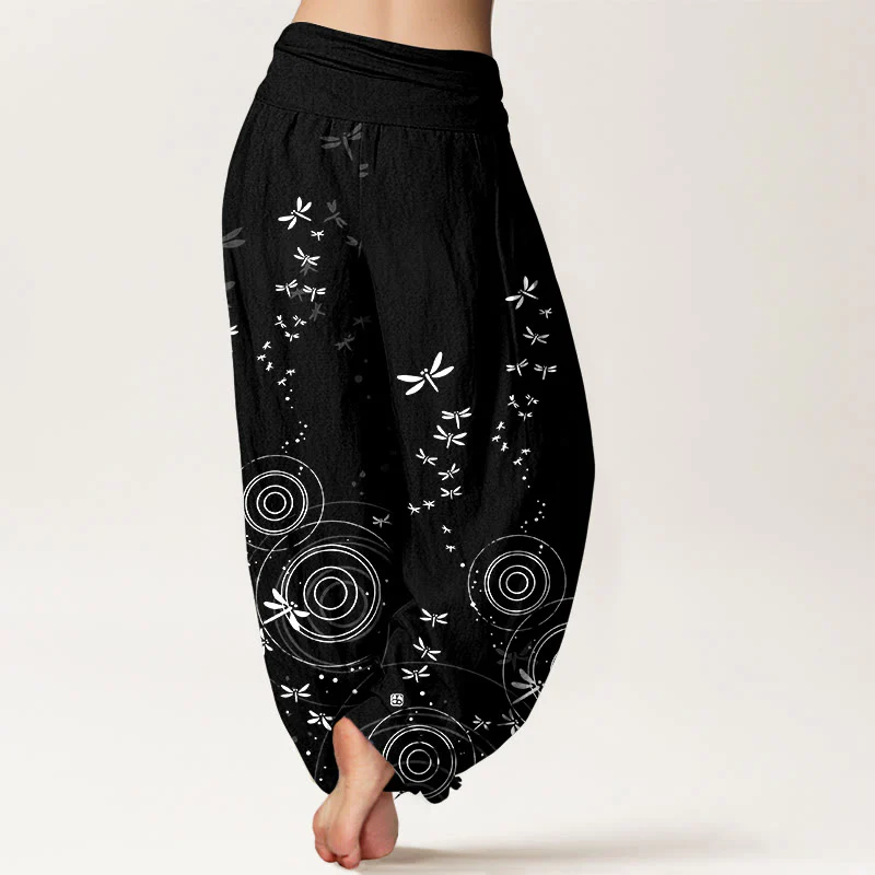 Buddha Stones Pantaloni harem da donna in puro cotone con elastico in vita e linee circolari a forma di libellula - Image 10