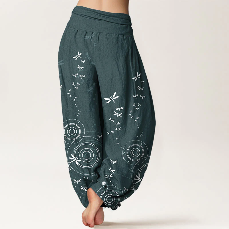 Buddha Stones Pantaloni harem da donna in puro cotone con elastico in vita e linee circolari a forma di libellula - Image 3