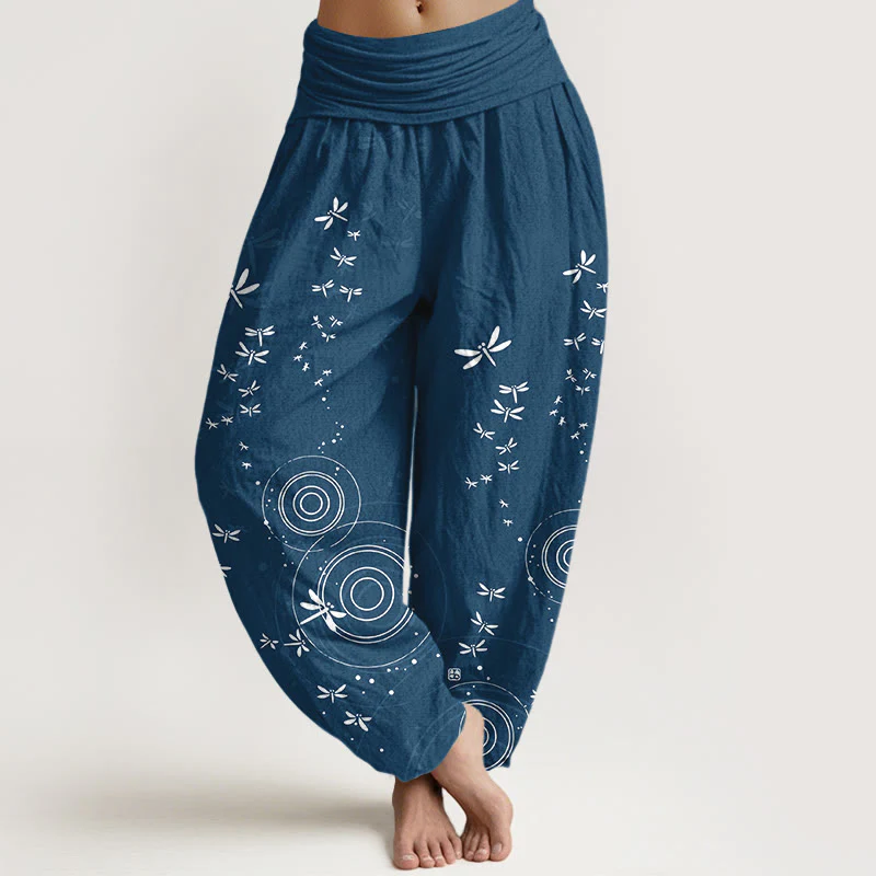 Buddha Stones Pantaloni harem da donna in puro cotone con elastico in vita e linee circolari a forma di libellula - Image 6