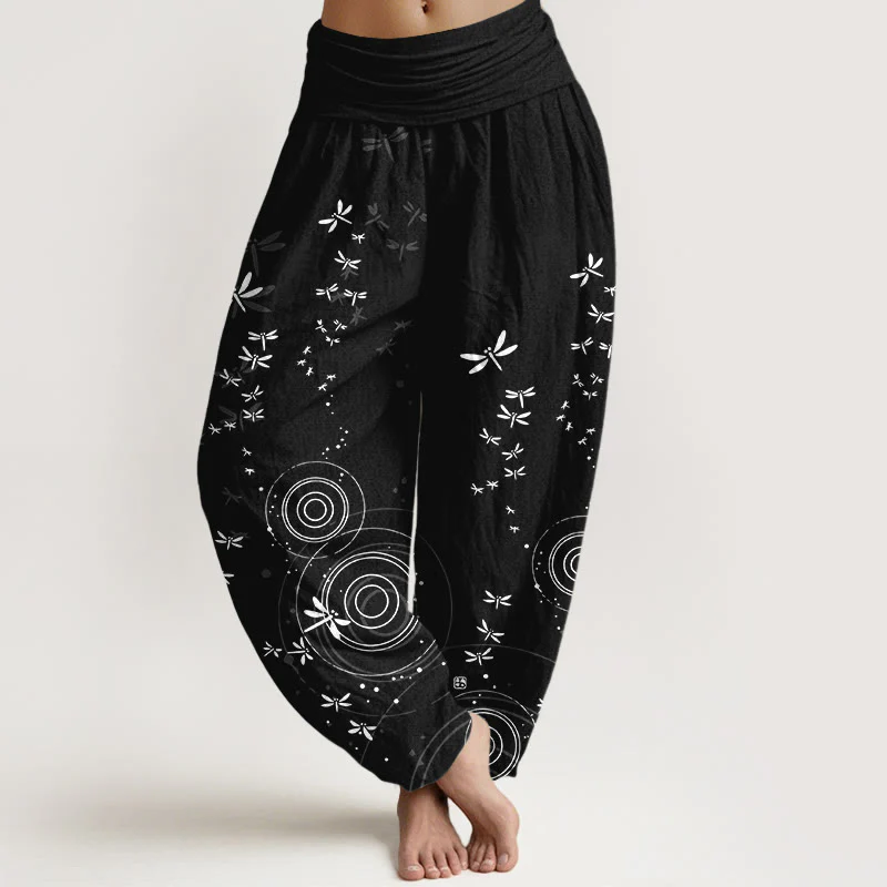 Buddha Stones Pantaloni harem da donna in puro cotone con elastico in vita e linee circolari a forma di libellula - Image 9