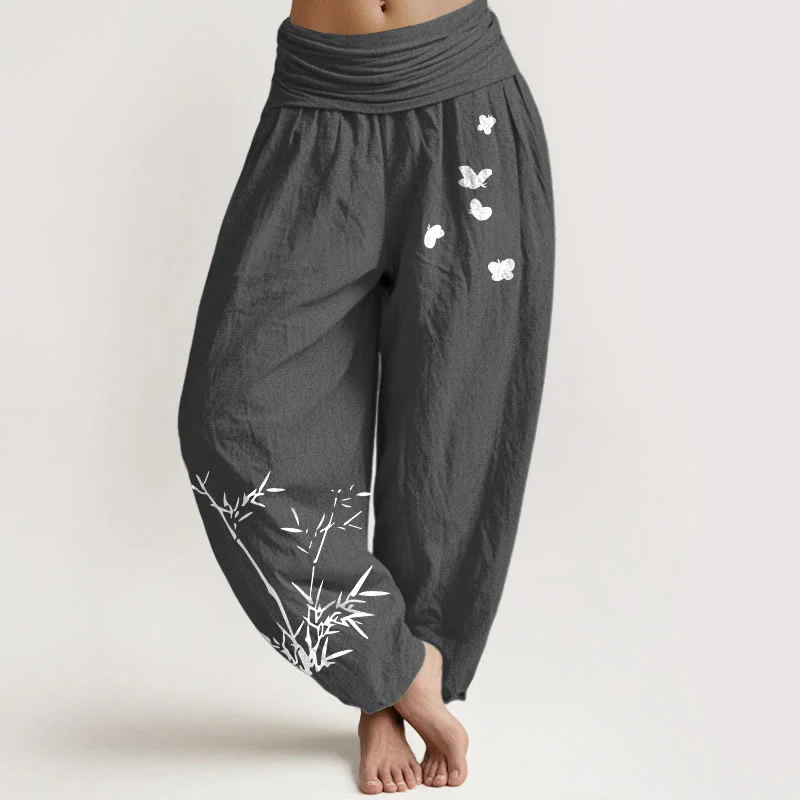 Buddha Stones Pantaloni harem da donna in puro cotone con elastico in vita e motivo a farfalla in bambù - Image 9